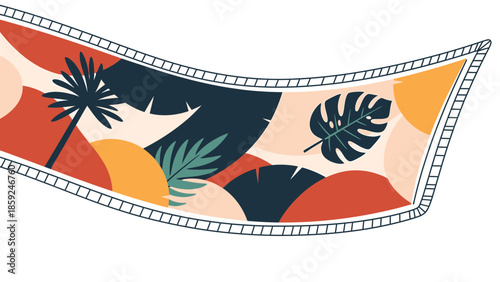 Vibrant tropical illustration featuring plants and abstract shapes in a colorful landscape viewed from above