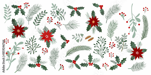 Festive holiday botanical collection with poinsettias holly and winter foliage