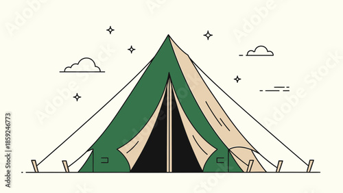 A serene camping scene with a green tent under a cloudy sky