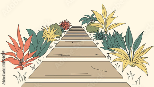 A serene pathway surrounded by lush plants and vibrant flowers, viewed from a gentle perspective.