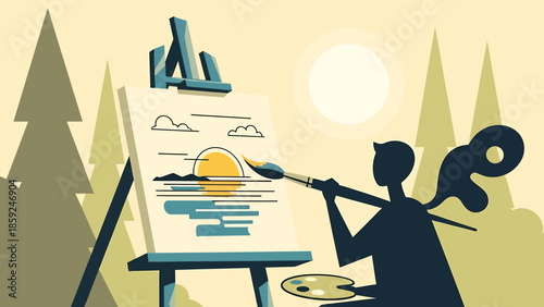 Artist Painting Landscape Scene with Brush and Palette Outside in Nature