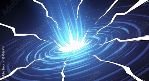Comic book style blue electric portal or vortex with white lightning bolts. Energy burst and supernatural cosmic phenomenon illustration background.