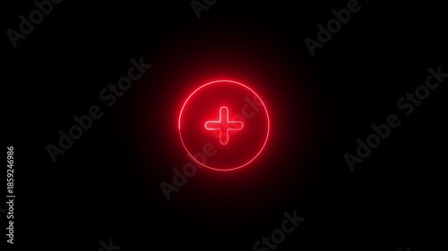 Red neon plus sign in circle on black background medical healthcare symbol addition red neon sign medical symbol