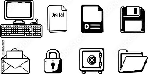 Pixel art computer icons. Tech devices, pixelated computer keyboard and screen, digital file, retro disk, security lock, email, safe and folder symbols. Office equipment 8 bit vector set.