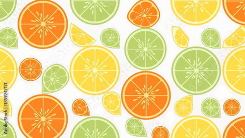 A vibrant and colorful illustration of assorted citrus fruits and slices on a white background from a top-down viewpoint.