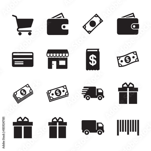 Online Shopping & Delivery Icons Pack – Cart, Wallet, Gift & Barcode