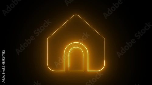 Glowing Neon House with Doorway Yellow Light Outline on Black Background Real Estate Symbol glowing house