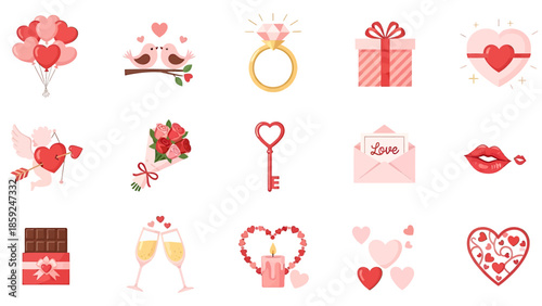 Romantic Valentine's Day icons and symbols for love and affection