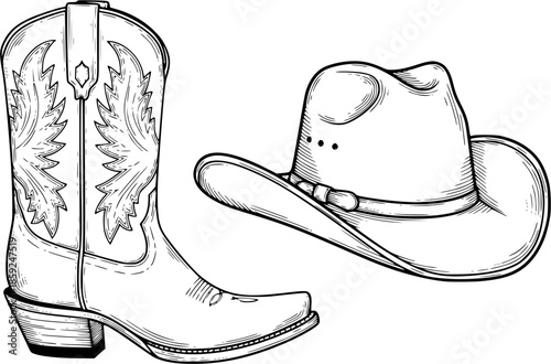 Cowboy boots and western hat. Vector graphic hand drawn illustration rodeo cowboy clothes isolated on white for print or design
