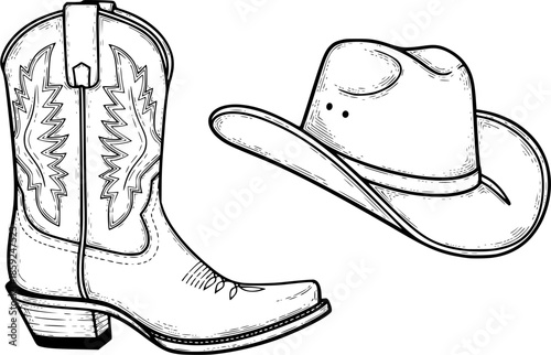 Cowboy boots and western hat. Vector graphic hand drawn illustration rodeo cowboy clothes isolated on white for print or design
