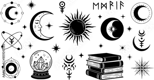 Modern hand drawn vector illustrations with magic symbols, crescent moon, sun, magic ball and books. Perfect for cards, embroidery, covers, prints
