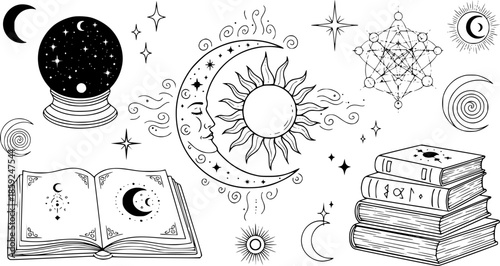 Modern hand drawn vector illustrations with magic symbols, crescent moon, sun, magic ball and books. Perfect for cards, embroidery, covers, prints
