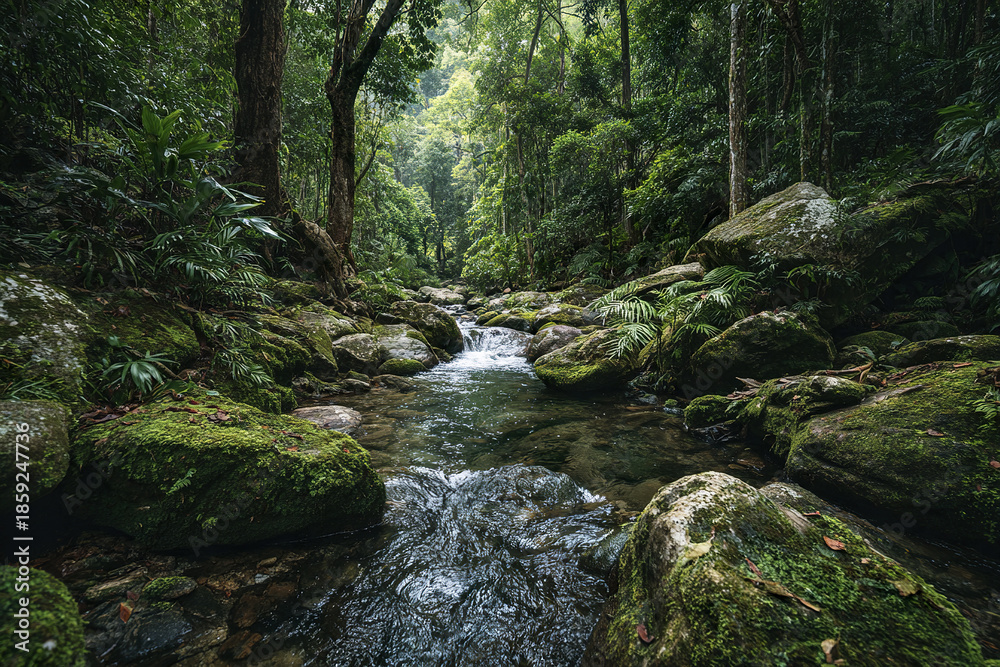 Obraz premium Green tropical forest with stream running through mossy rocks and lush vegetation, creating peaceful and refreshing natural landscape full of vibrant life and tranquility