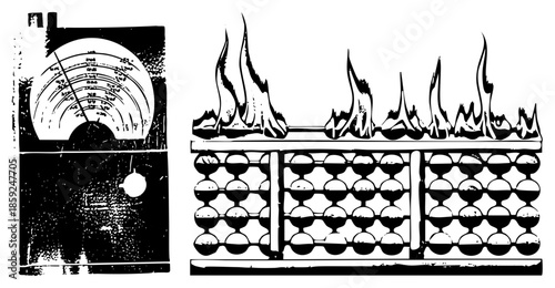 Analog thermometer and fire flames above abacus