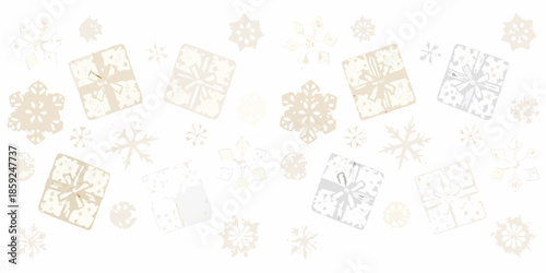 A festive background featuring gift boxes and delicate snowflakes in light tones