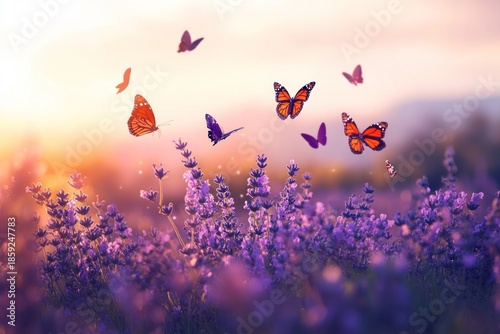 A vibrant field of purple flowers under a warm sunset sky, with butterflies fluttering around the blooms.