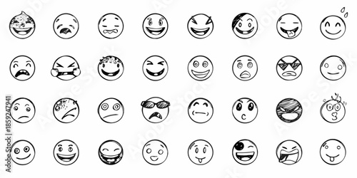 A collection of hand drawn black and white face sketches expressing various emotions