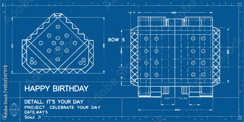 Blueprint design featuring a festive cake and birthday message presented as technical drawings