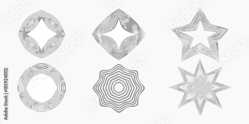 A collection of intricate grayscale geometric shapes with patterned details