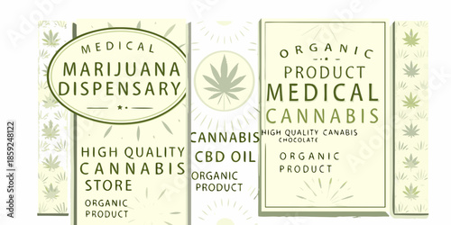 Medical marijuana dispensary signage with organic cannabis and cbd oil product labels