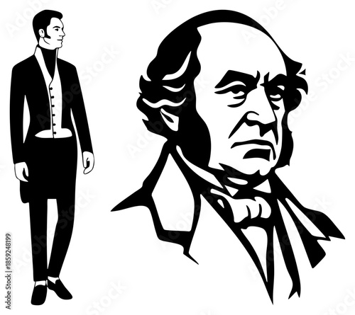 man in suit standing beside stylized portrait