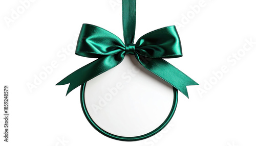 Green satin bow holds white circular ornament, hanging against black backdrop