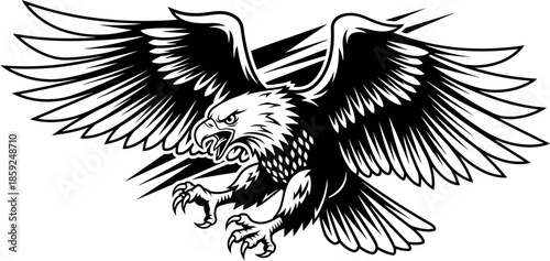 Bold monochrome illustration of a powerful eagle in an aggressive attack stance, wings spread, talons extended, symbolizing strength, freedom, and an untamed wild spirit