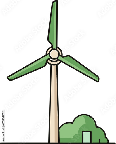 A simple illustration of a wind turbine with three green blades against a light background with a green bush at the base of the tower