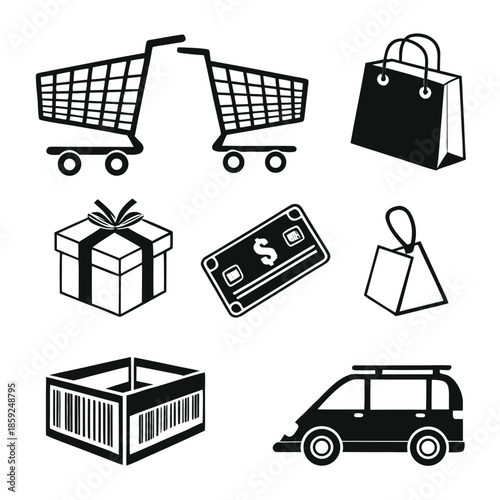 Online Shopping & Delivery Icons Pack – Cart, Wallet, Gift & Barcode