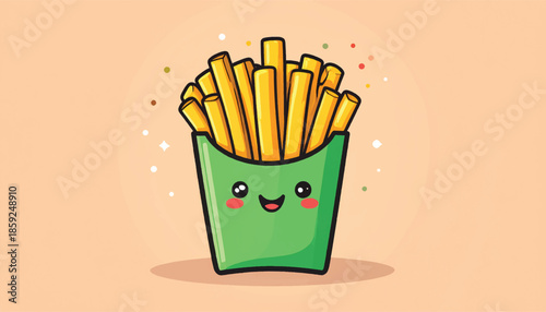 Cute Cartoon French Fries in Green Container with Smiling Face.
