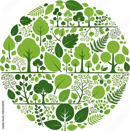 Lush green natural elements form a harmonious circular design, symbolizing environmental sustainability and vibrant ecological growth and renewal