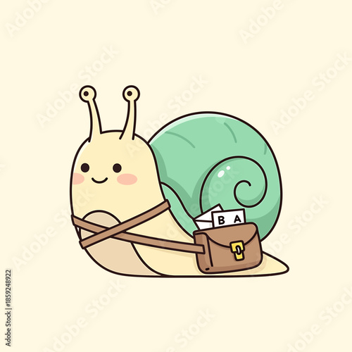 A snail carrying a bag with documents attached to its shell in a simple illustration