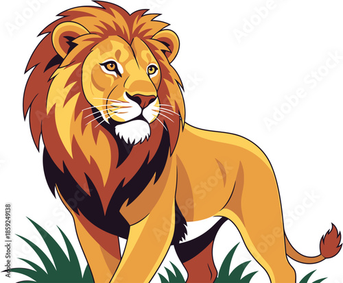 Powerful and majestic male lion illustration with a rich golden mane, standing proudly in vibrant green savanna grass, embodying strength and African wilderness