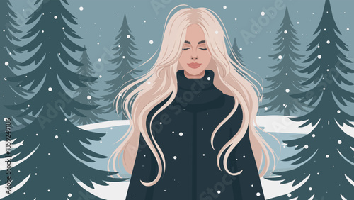 Minimalist winter vector illustration of a serene blonde woman in snowy forest, faceless fashion style, soft muted colors and calm mood, ideal for branding, editorial design, social media, cards.