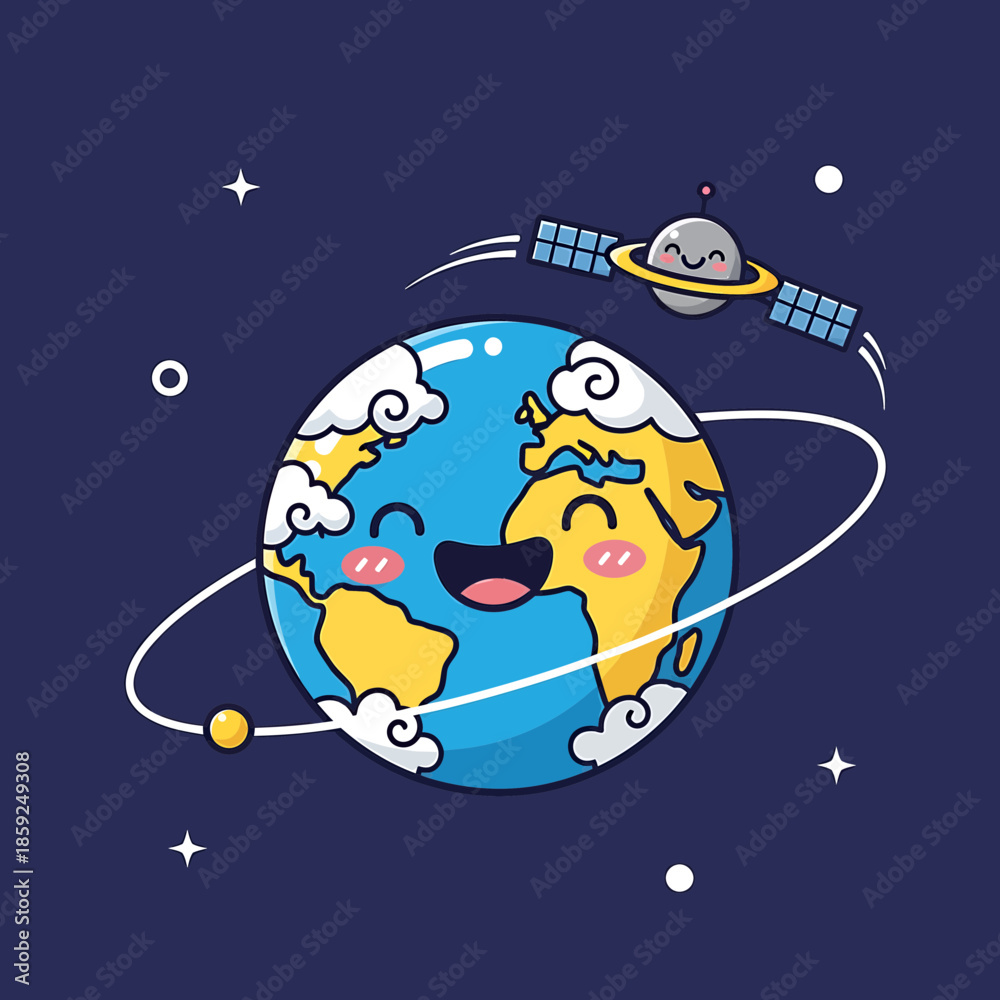 Naklejka premium Smiling Earth with Satellite in Orbit Surrounded by Stars and Clouds in Space Illustration