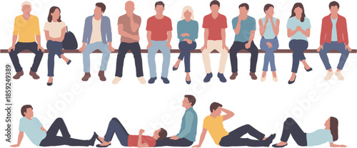 Modern diverse group of people sitting and reclining together in casual clothing, social interaction, lifestyle illustration, teamwork and relaxation concept