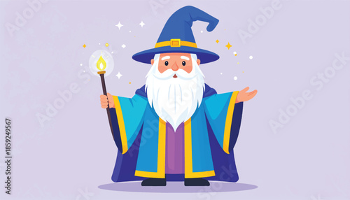 Cartoon Wizard Casting Spell with Magic Wand and Pointed Hat.