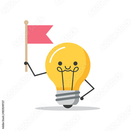 A cheerful cartoon lightbulb character holding a red flag in a triumphant pose