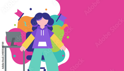 Young person celebrating professional success near a computer colorful flat vector design
