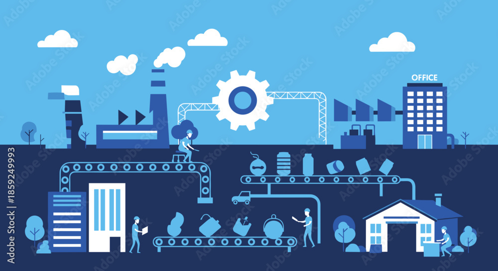 Obraz premium Industrial supply chain and manufacturing process illustration featuring factory workers automation and logistics