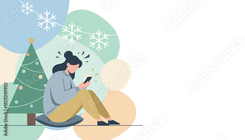 Woman uses smartphone next to Christmas tree holiday digital communication online shopping or winter connection concept