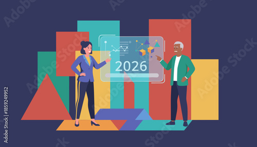 Team planning future goals analyzing 2026 data projection on a futuristic display