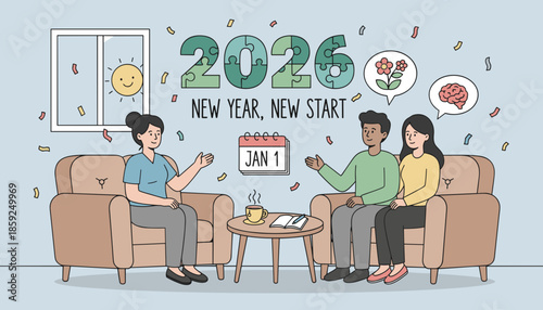 New Year 2026 consultation couple plans goals growth and mental health with counselor Fresh start concept