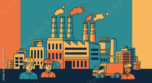 Industrial production site with workers logistics truck and factory buildings Manufacturing concept