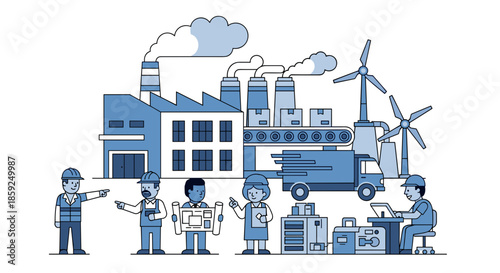 Diverse industrial team managing factory production logistics supply chain and renewable energy operations