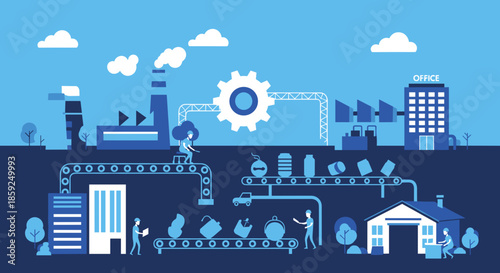 Industrial supply chain and manufacturing process illustration featuring factory workers automation and logistics
