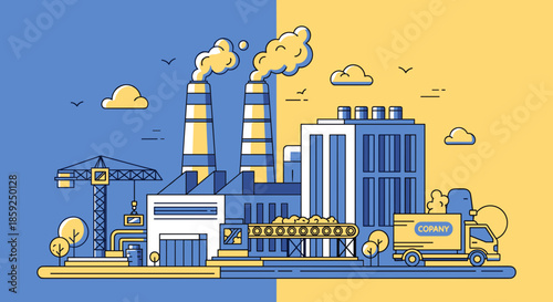 Monoline illustration of a busy industrial plant energy production logistics and supply chain concept in blue and yellow