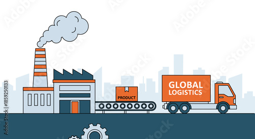 Global logistics supply chain Product moves from factory production line via conveyor belt to delivery truck