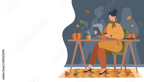 Professional woman uses technology in a cozy autumn workspace with pumpkins and coffee Remote work lifestyle