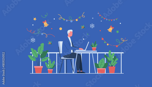 Businessman works remotely on a laptop outdoors on a festive balcony patio